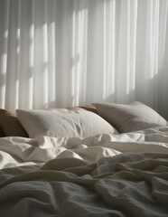 A softly made bed with light linen sheets, basking in gentle morning sunlight through sheer curtains.