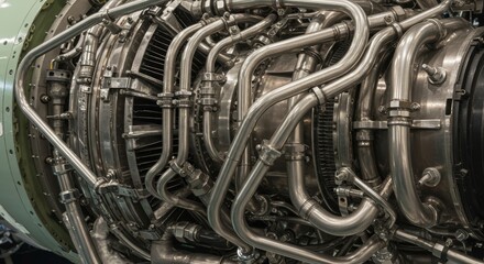 Industrial Turbine Engine Closeup - Detailed close-up of a powerful industrial turbine engine, showcasing intricate metalwork and complex internal components