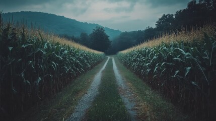 Obraz premium Dirt path through cornfield on a cloudy day