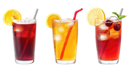 Sparkling Water, Lemonade, Iced Tea, Cherry Soda, and Cola – Beverage Set on White Background

