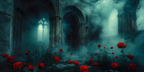 Mysterious abandoned place with roses surrounded by fog and ancient architecture at twilight. The ancient walls and arches hint at forgotten stories, illuminated by dim light. Eerie atmosphere