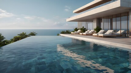 Fototapeta premium Perspective of modern luxury building with terrace and swimming infinity pool on sea view background,Idea of family vacation. 3D rendering,Generative Ai 