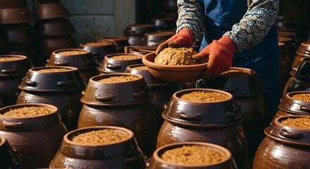 Fermented soybean paste preparation in traditional ceramic pots
