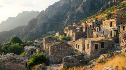 Obraz premium Stone Village in Mountain: A serene view captures an ancient stone village nestled into the embracing arms of a majestic mountain range, evoking a sense of history and tranquility.