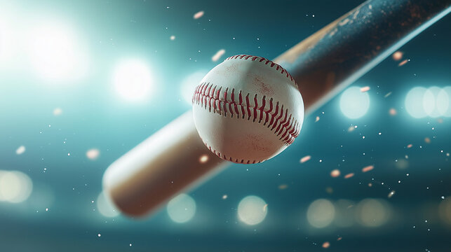 Baseball bat striking white baseball, generating powerful contact amid stadium lights, sending dust particles scattering across playing field