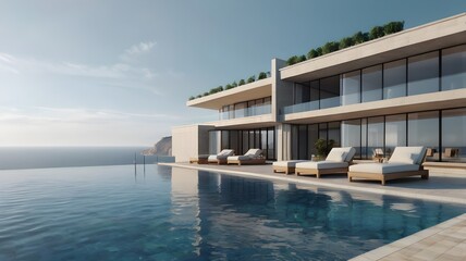 Obraz premium Perspective of modern luxury building with terrace and swimming infinity pool on sea view background,Idea of family vacation. 3D rendering,Generative Ai 