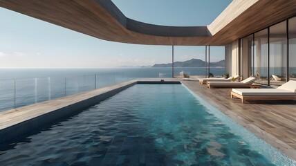 Fototapeta premium Perspective of modern luxury building with terrace and swimming infinity pool on sea view background,Idea of family vacation. 3D rendering,Generative Ai 