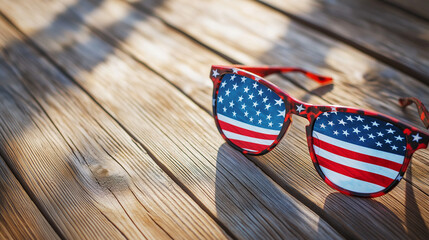 Obraz premium Patriotic sunglasses resting on weathered wood, reflecting american flag stars and stripes against rustic background
