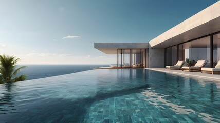 Fototapeta premium Perspective of modern luxury building with terrace and swimming infinity pool on sea view background,Idea of family vacation. 3D rendering,Generative Ai 