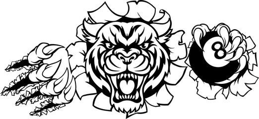 Tiger Angry Pool 8 Ball Billiards Mascot Cartoon