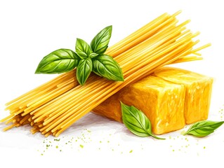 Delicious spaghetti pasta rests on a block of cheese garnished with fresh basil leaves ready to be cooked.