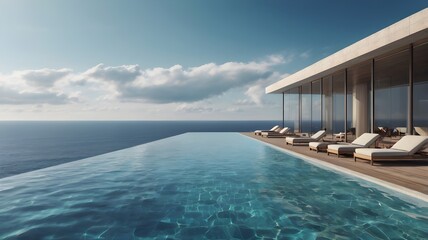 Fototapeta premium Perspective of modern luxury building with terrace and swimming infinity pool on sea view background,Idea of family vacation. 3D rendering,Generative Ai 