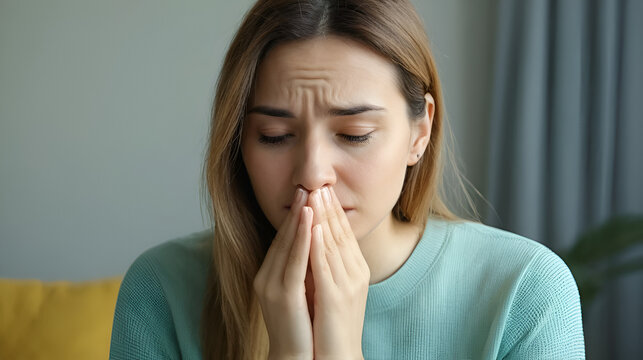 Emotional response to allergies a young woman experiencing discomfort at home portrait indoor close-up health awareness