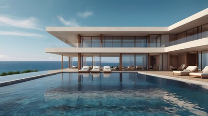 Fototapeta premium Perspective of modern luxury building with terrace and swimming infinity pool on sea view background,Idea of family vacation. 3D rendering,Generative Ai 