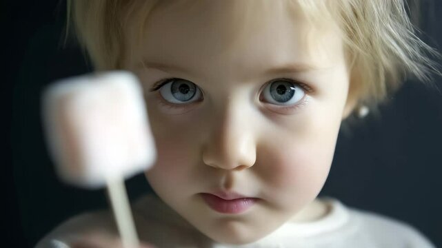 Close up of young child with blue eyes staring intently at marshmallow on stick, evoking curiosity and anticipation &ndash; concept of temptation and self-control