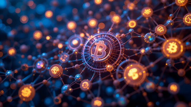 Blockchain network with interconnected tokens, digital tech structure, innovative crypto finance ecosystem, global digital asset exchange, secure and versatile financial platform