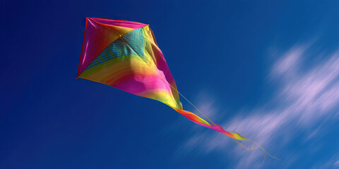 Multicolored Diamond Kite in Flight Against Blue Sky
