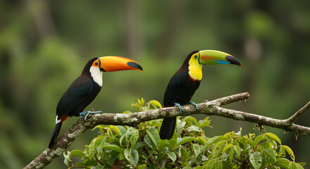 Fototapeta premium A Pair of Keel-billed Toucans Perched on a Branch