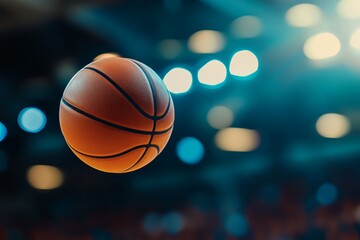 Close-Up of an Orange Basketball Suspended in Air Against a Dark Background with Bright Bokeh Lights Suggesting a Dynamic Game Moment