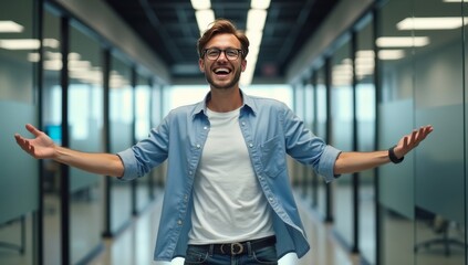 Obraz premium Funny happy male employee dance in office celebrating
