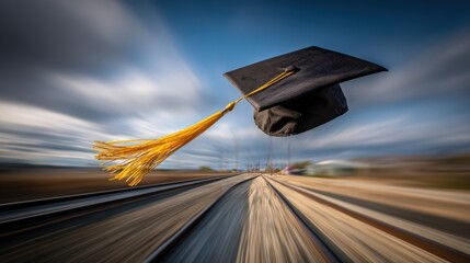 A graduation cap with a tassel floats above blurred train tracks, symbolizing the journey and speed of educational achievement.