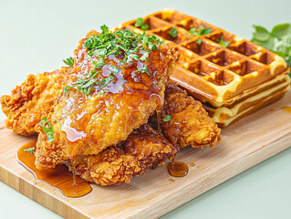 A wooden board with golden-brown chicken and waffles, drizzled in maple syrup on a white background
