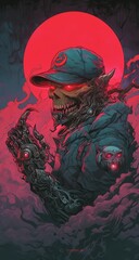 Cyborg Skull in Red Moonlit Pixel Art