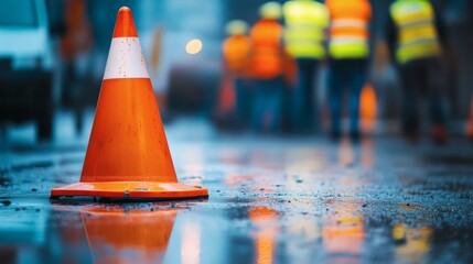 Bright Orange Traffic Cone Reflecting on a Wet City Street at Night with Blurred Workers and Bokeh Lights Indicating Roadwork