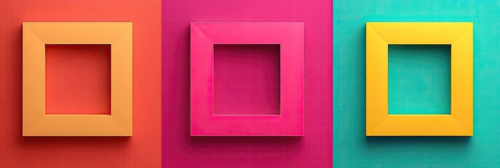 Three vibrant, empty picture frames on colorful backgrounds