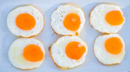 Top view of six perfectly cooked sunny-side-up eggs with bright orange yolks on a white plate, showcasing a simple and appetizing breakfast concept
