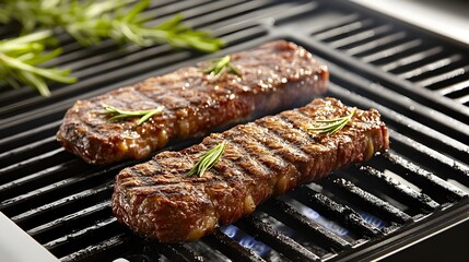 Two delicious grilled steaks with rosemary sprigs sizzling on a hot barbecue grill, perfect for a summer meal.