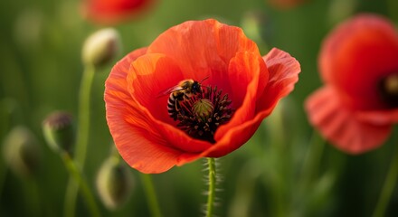 Fototapeta premium Vibrant Red Poppy Flower with Honey Bee