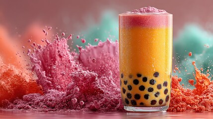 Refreshing layered bubble tea with vibrant colors and an artistic splash effect