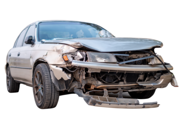 Car crash, Front and Side view of old sedan car get damaged by accident on the road. damaged cars after collision. isolated on transparent background. PNG File
