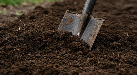 Pixel Perfect Shovel Digging Dark Soil - Gardening, agriculture, planting, soil, growth. A shovel digs rich dark soil, symbolizing hard work, new beginnings, nature's bounty, and the cycle of life