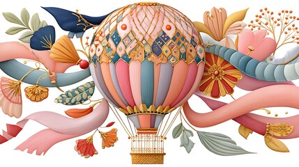 Whimsical Hot Air Balloon Illustration with Pastel Floral Design Artistic Balloon Artwork