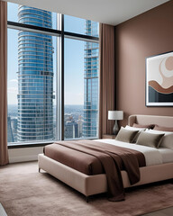 modern, bedroom, city, skyline, view, elegant, furnishings, luxury, urban, night-view, cozy, contemporary, large-window, high-rise, apartment, interior, design, stylish, minimalist, bed, decor, lamp, 