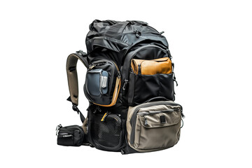 Naklejka premium Black tactical backpack with durable straps and compartments for outdoor adventures isolated on transparent background