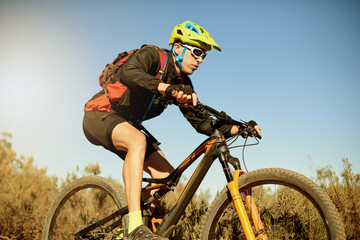 Mountain bike, adventure and man with fitness, nature and environment with challenge. Healthy...