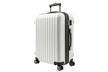 Fototapeta premium Bright white travel suitcase isolated on clean white background, ready for next journey. Modern hard shell rolling suitcase features telescopic handle, four wheels for easy transport