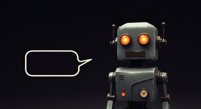 Retro Robot with Speech Bubble - A vintage robot with glowing eyes and a blank speech bubble symbolizes communication, technology, AI, nostalgia, and mystery - Powered by Adobe