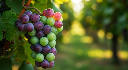 Ripe Grapes on the Vine - A bunch of red and green grapes hanging from a vine in a vineyard, bathed in sunlight. Perfect for wine, food, and agriculture themes