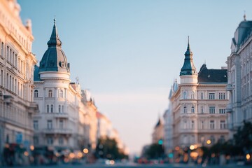 Obraz premium minimalistic scene of historic european city with blurred people in background and ample copy space