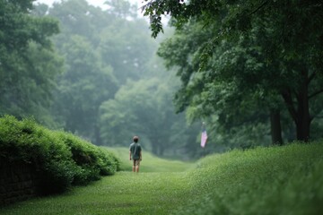 minimalistic scene of somber gravesite on memorial day clean image with single american flag and ample surrounding