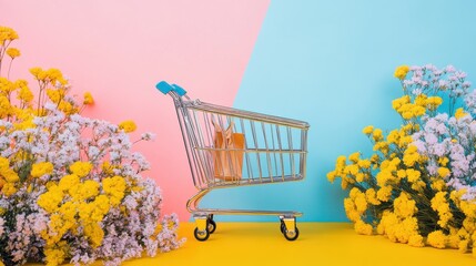 Shopping cart among flowers