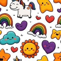 Naklejka premium Pride minimalist pattern concept. A playful pattern featuring whimsical illustrations of unicorns, rainbows, and cheerful shapes.