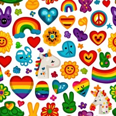 Fototapeta premium Pride minimalist pattern concept. Colorful illustrations of hearts, rainbows, and cheerful characters on a white background.