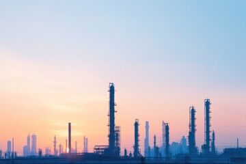 Obraz premium panoramic view of oil refinery at dawn framed by serene sky towering silhouettes of industrial structures against gentle