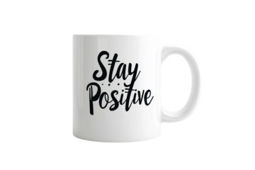 Inspirational White Coffee Mug with "Stay Positive" Message on Transparent Background
