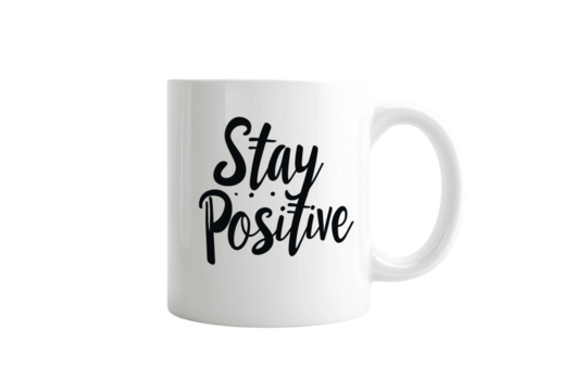 Inspirational White Coffee Mug with "Stay Positive" Message on Transparent Background